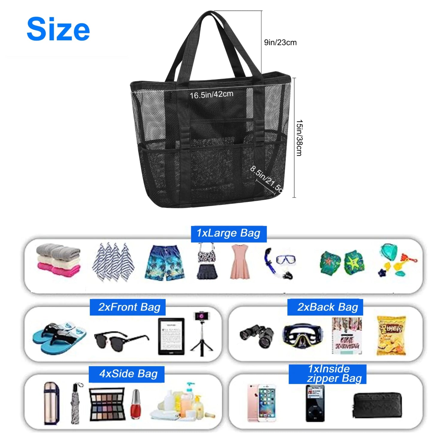 Mesh Beach Tote Bag - Durable and Spacious with Zippered Pocket - Pixel World Store